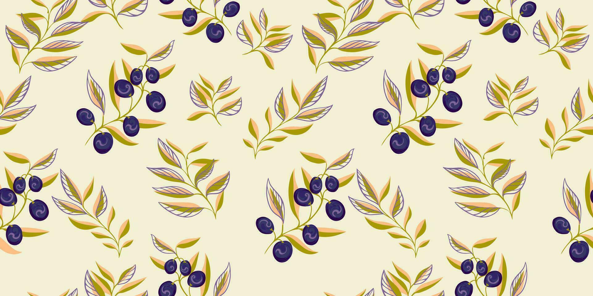 Creative olive branch, olive berries, leaves stem seamless pattern. Modern, colorful, abstract leaf branches print. Vector hand drawn sketch. Template for design, textile, fashion, fabric, wallpaper