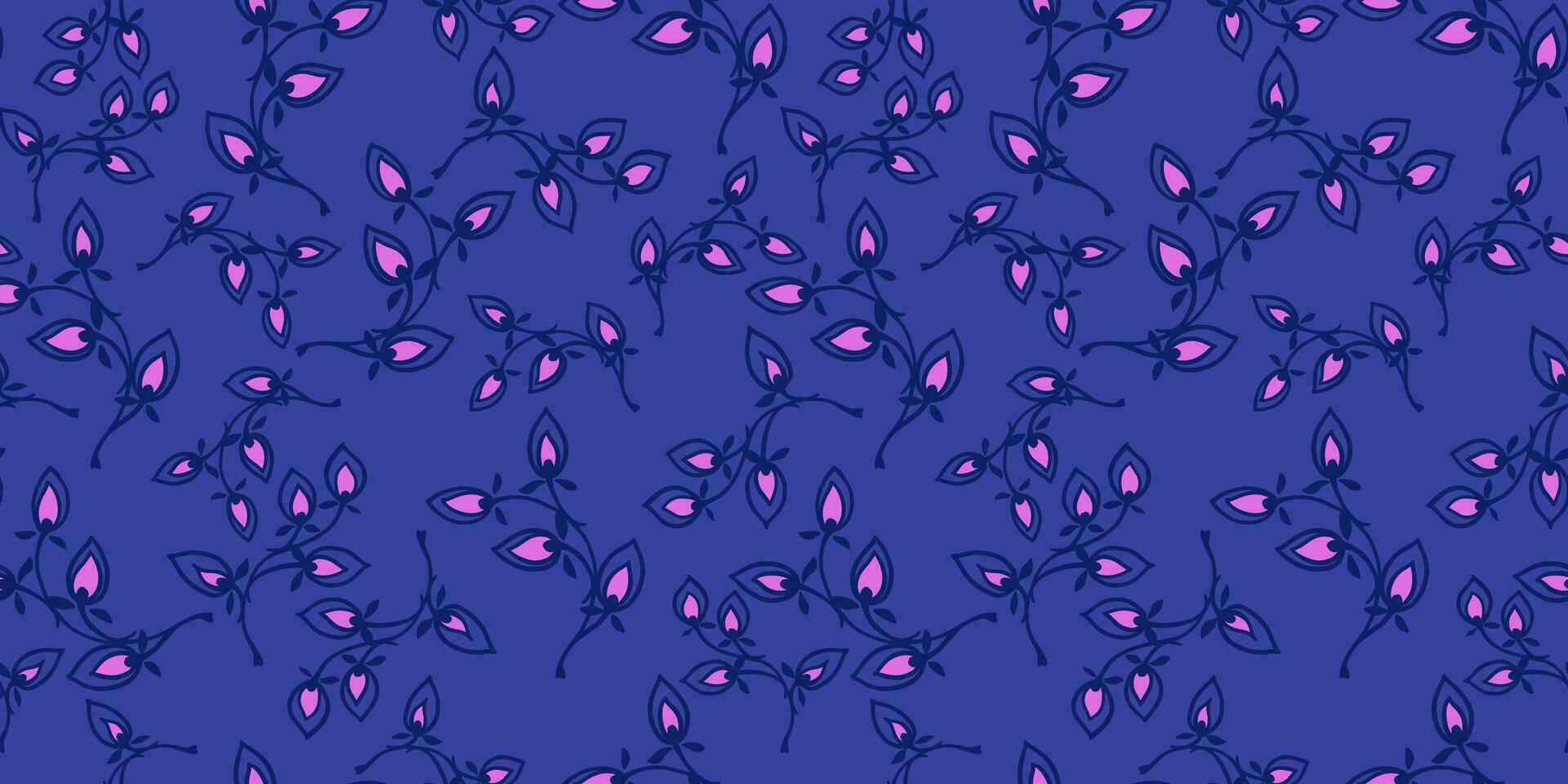 Abstract simple floral seamless pattern. Vector hand drawn sketch. Creative tiny branches and drops printing. Trendy vibrant blue background. Design for fashion, textile, fabric, wallpaper