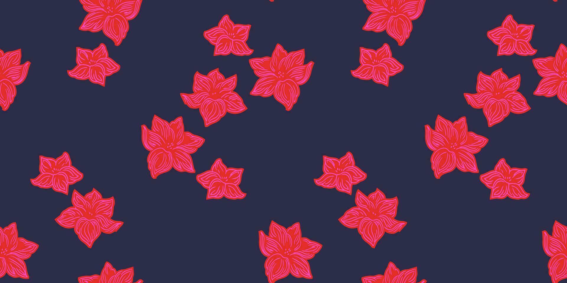 Colorful seamless pattern with decorative stylized shape flowers. Vector hand drawn. Creative abstract pink floral on a dark back. Design for fashion, textile, fabric, wallpaper, surface design