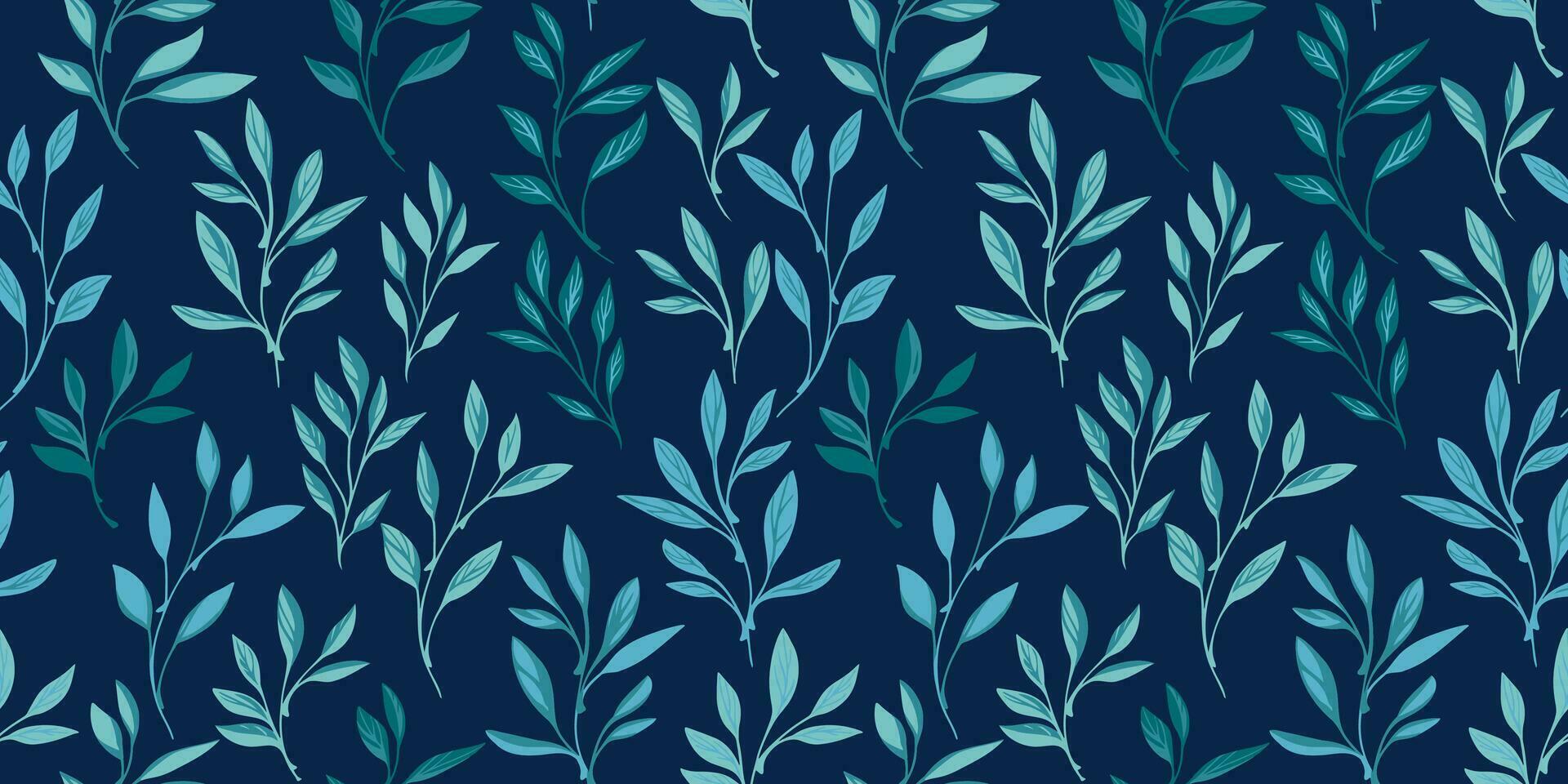 Vector hand drawn artistic leaf stems seamless pattern. Abstract, modern, small foliage, leaves. Retro monotone turquoise print. Template for design, textile, fashion, surface design, fabric