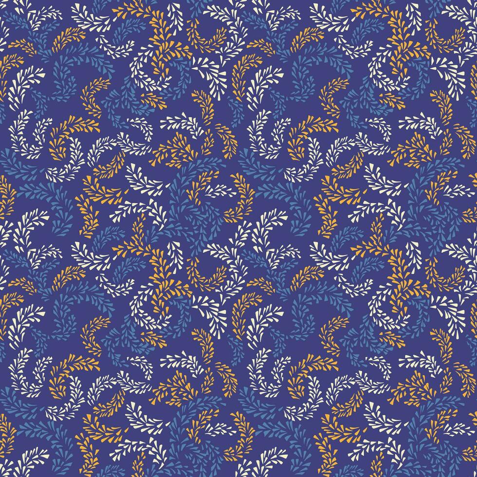 Creative, simple tiny floral branches seamless pattern. Vector hand drawn sketch. Colorful yellow textured drops spots printing on a blue background. Design for textile, fabric, wallpaper, fashion