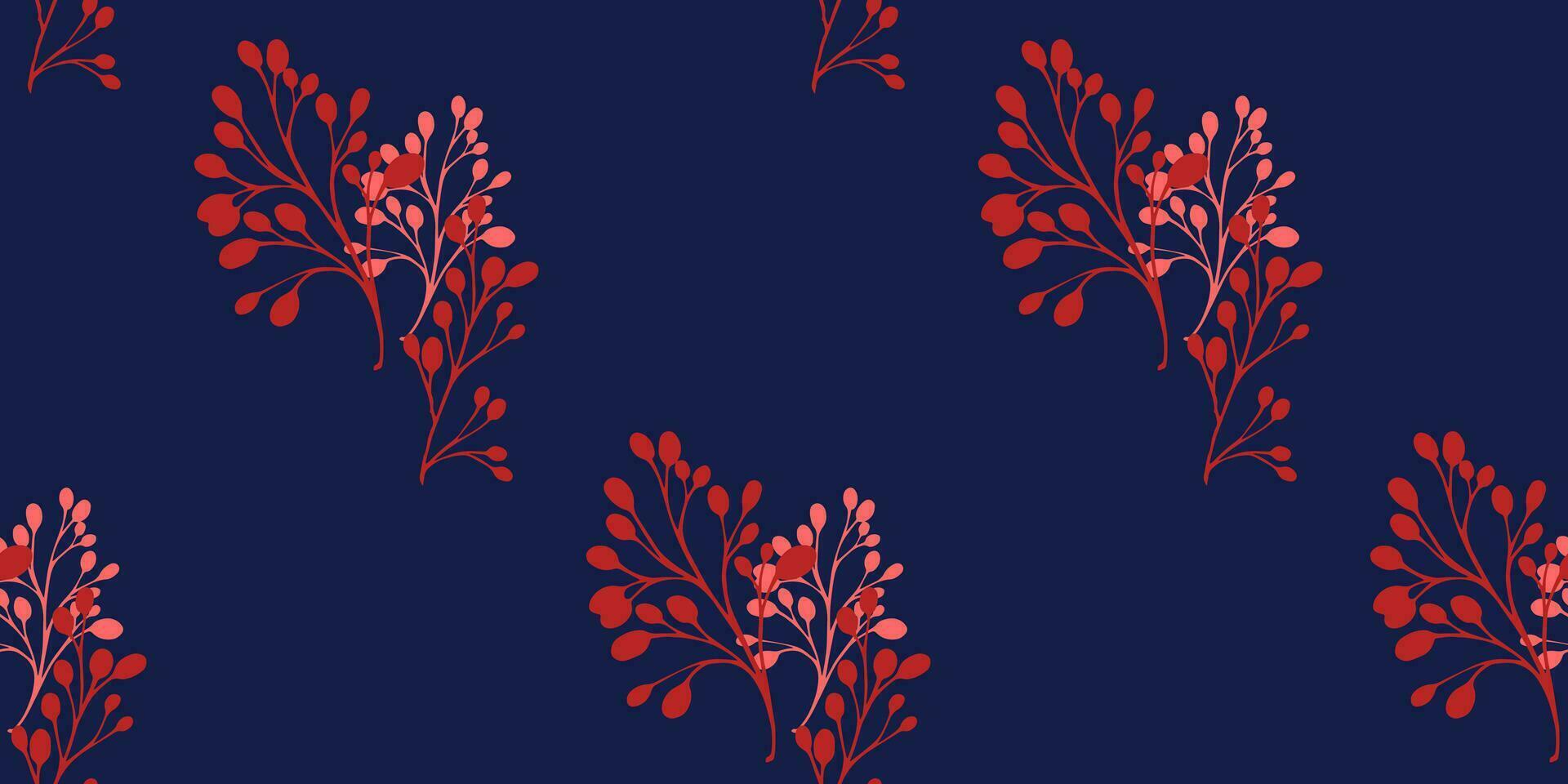 Minimalistic seamless pattern with vector hand drawn silhouette abstract modern shape branches, stem. Trendy simple botanical dark blue print. Template for design, fashion, fabric, wallpaper