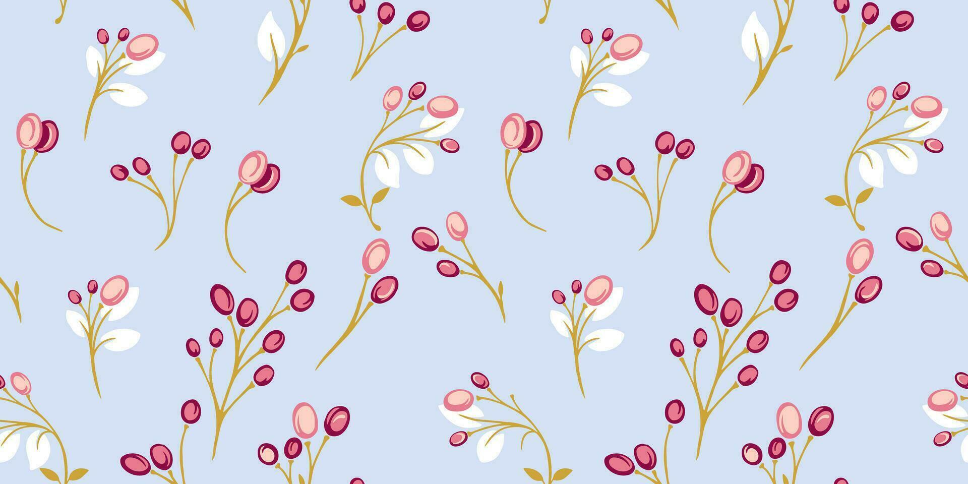 Seamless pattern with stylized, creative berries branches and drops. Modern, trendy vector hand drawn abstract branch print. Template for design.