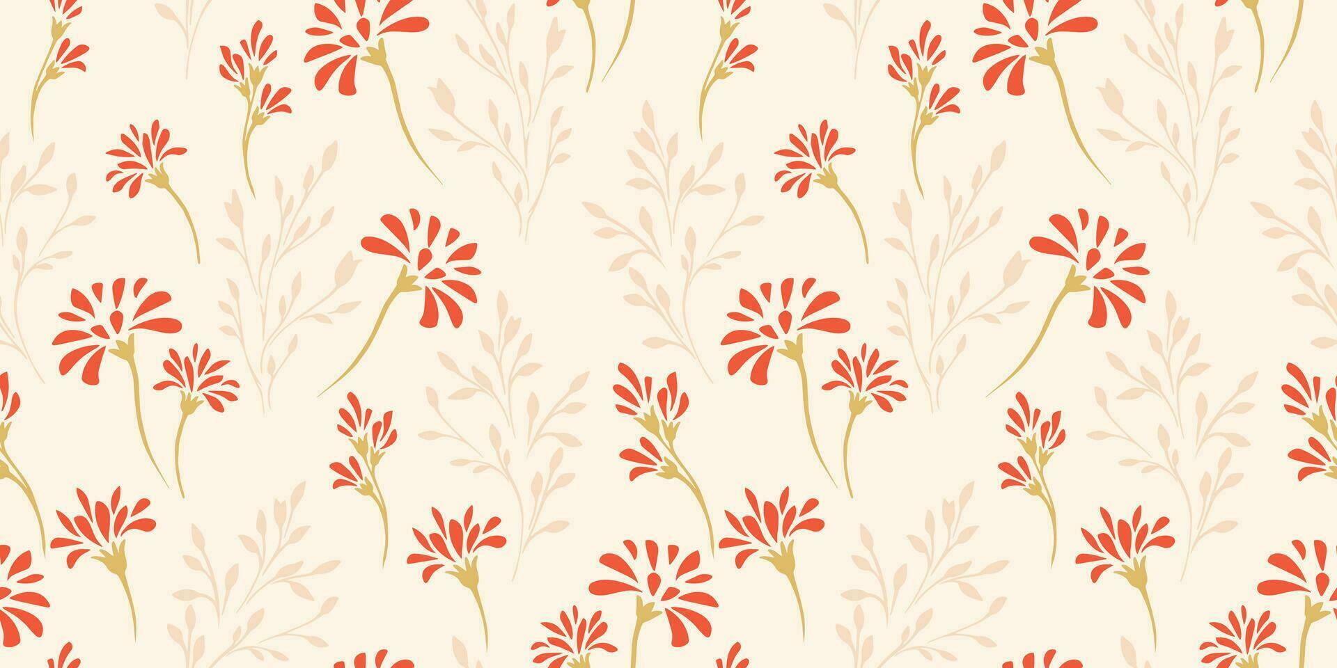 Seamless abstract summer floral pattern. Vector hand drawn sketch. Retro simple silhouette ditsy flowers and branches print. Template for design, wallpaper, fashion, fabric, interior decor