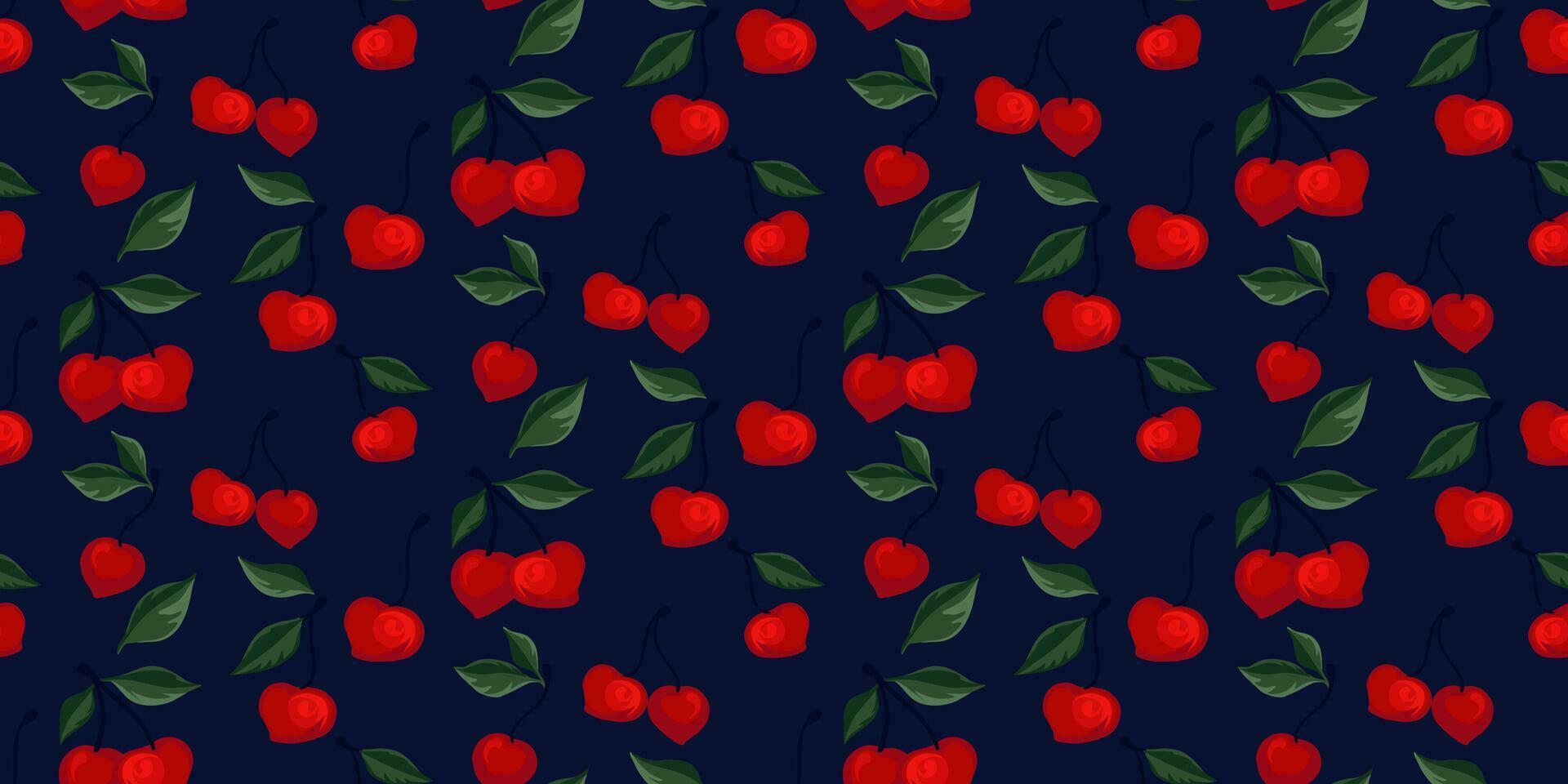 sin costura creativo vibrante rojo cerezas modelo en un oscuro antecedentes. resumen ilustración bayas, frutas, hojas impresión. vector mano dibujado bosquejo. diseño para tela, moda, textil, fondo de pantalla