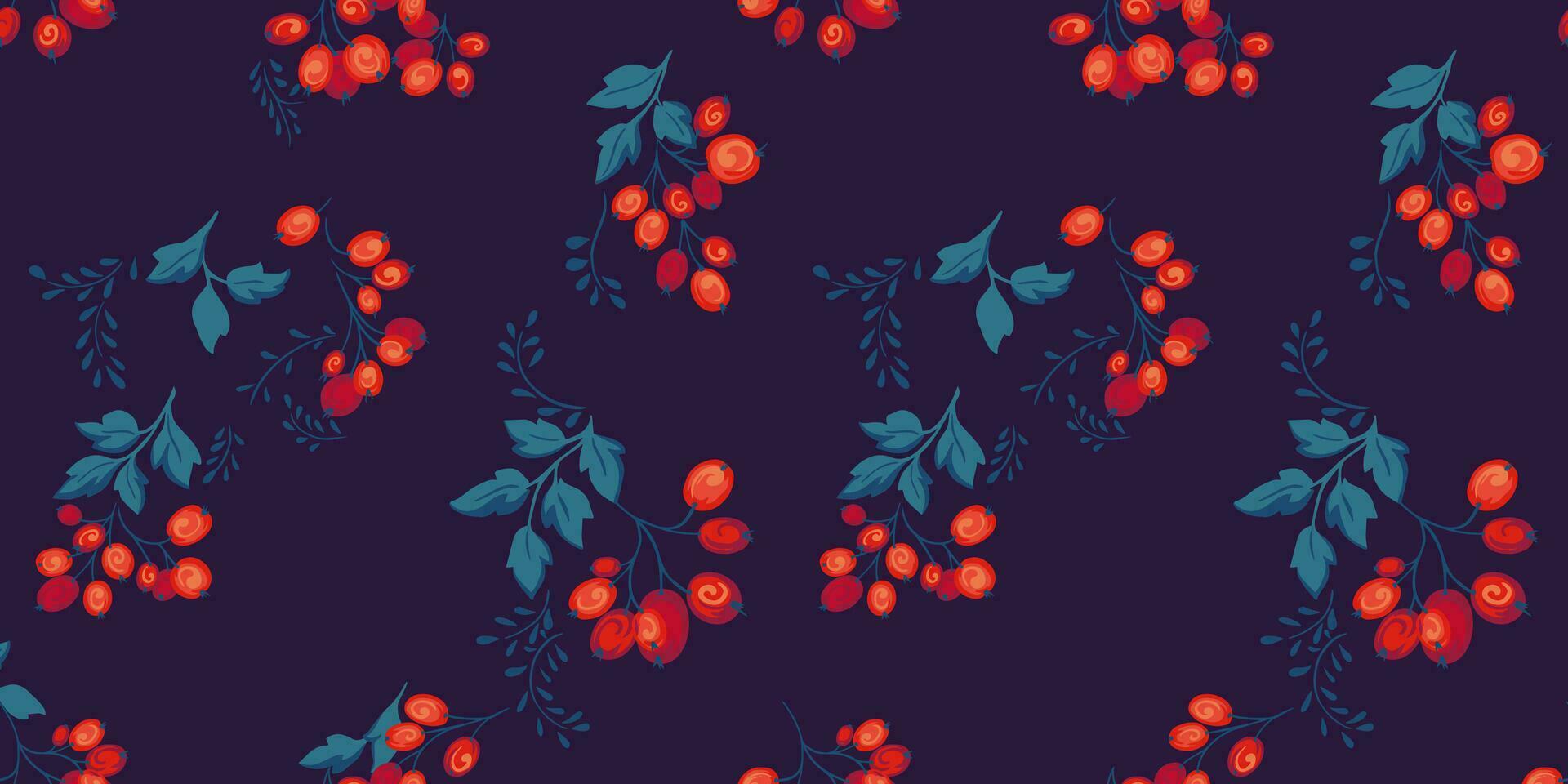 Seamless pattern with vector hand drawn abstract berries. Juniper, boxwood, viburnum, holly, barberry stylized print. Template for design, textile, fashion, surface design, paper, cover, fabric