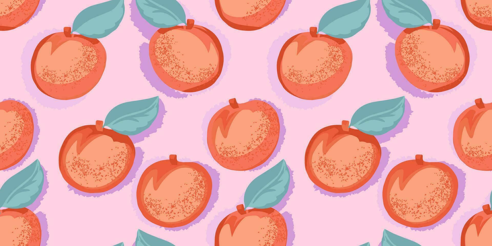Seamless pattern with hand drawn apricot or peach and leaves. Abstract, stylized, fruits in a vector. Summer pastel pink background. Design for fabric, print vector