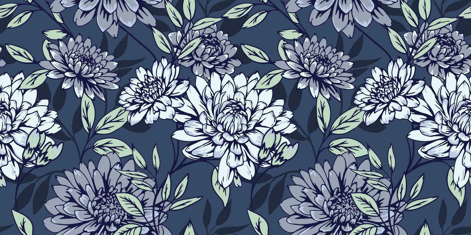 Creative artistic blooming flowers branches and leaves seamless pattern. Vector hand drawn. Abstract stylized dark blue floral print. Design for textile, fashion, surface design, fabric