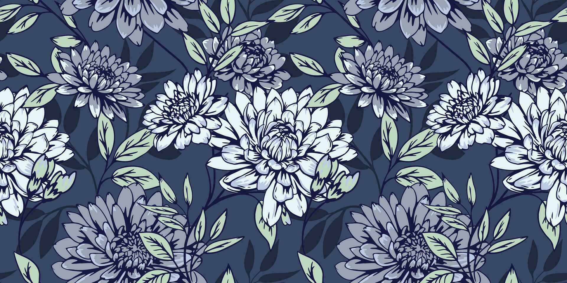 creativo artístico floreciente flores ramas y hojas sin costura modelo. vector mano dibujado. resumen estilizado oscuro azul floral impresión. diseño para textil, moda, superficie diseño, tela