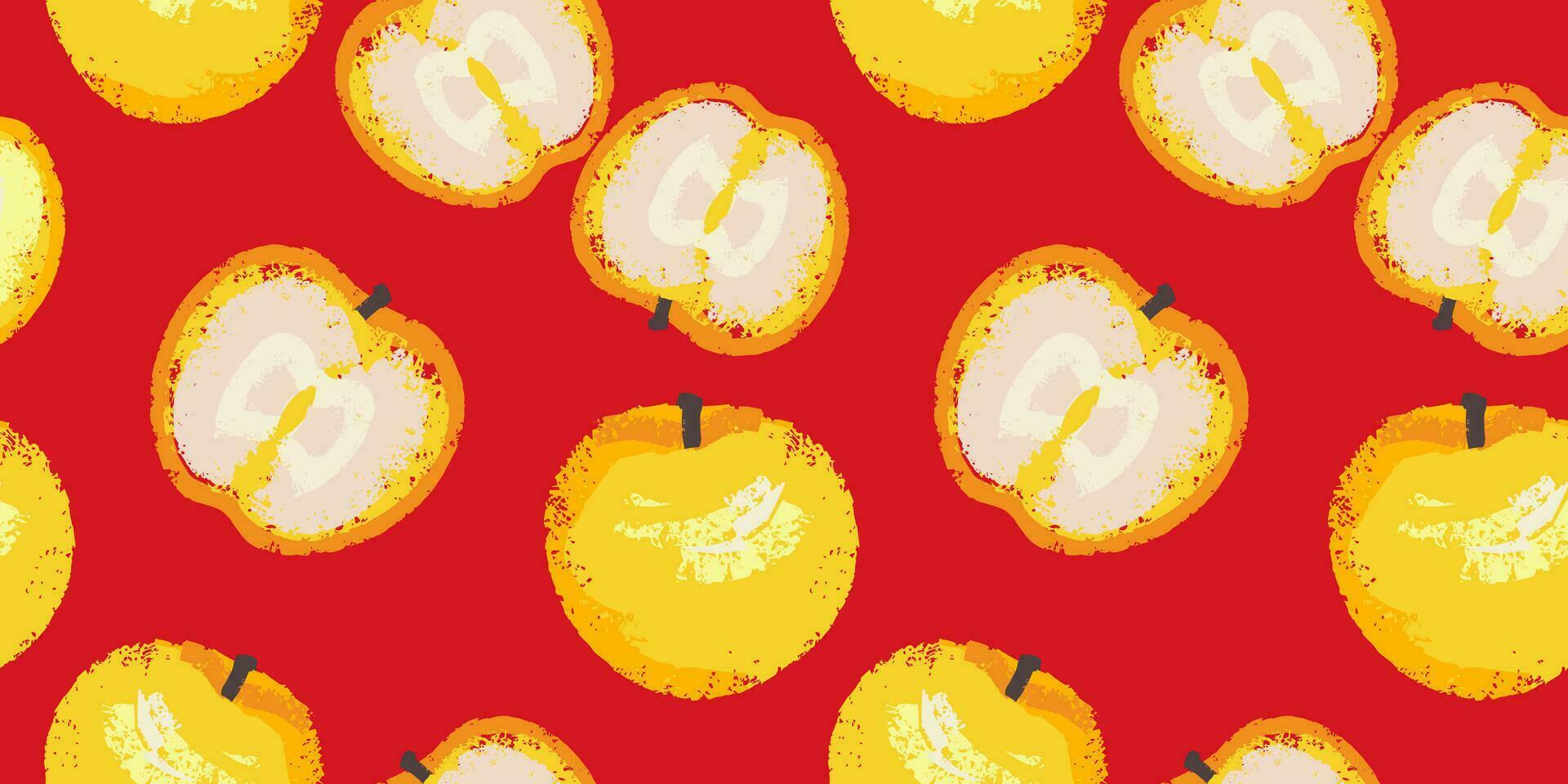 Vector hand drawn sketch textured apple print. Seamless pattern with yellow apples and apples slices on a red background. Summer creative shape fruits back. Design for fabric, fashion