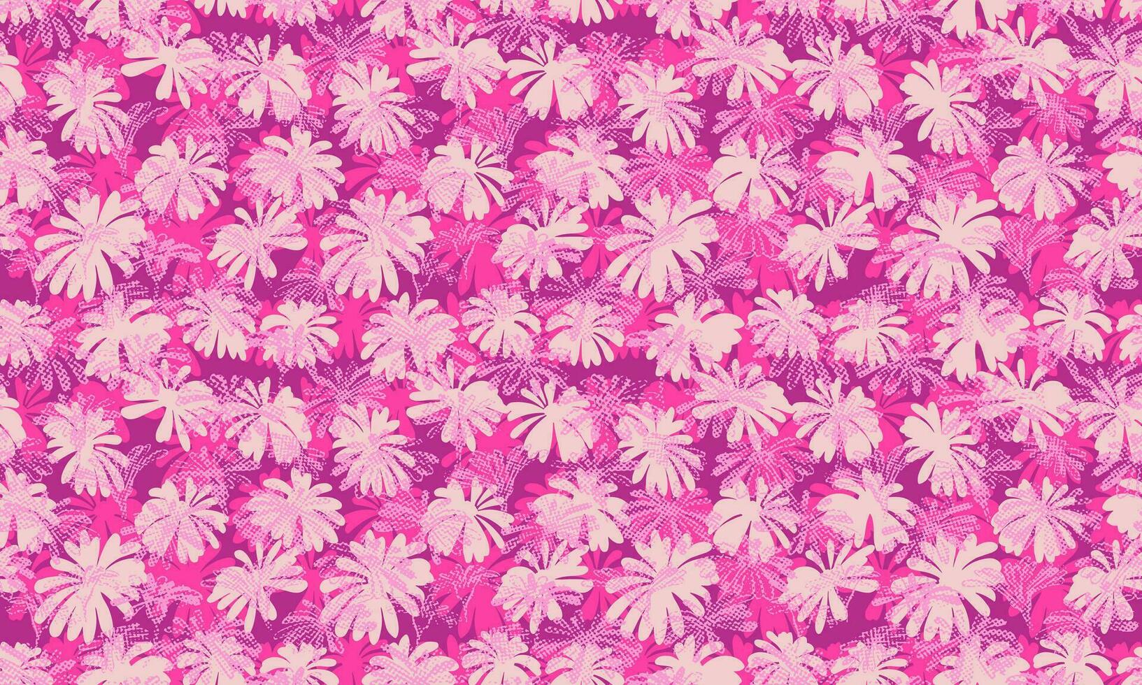 Colorful pink abstract textured flowers seamless pattern. Floral shape, silhouettes on a burgundy background. Vector hand drawn. Template for design fabric, interior decor, fashion, wallpaper