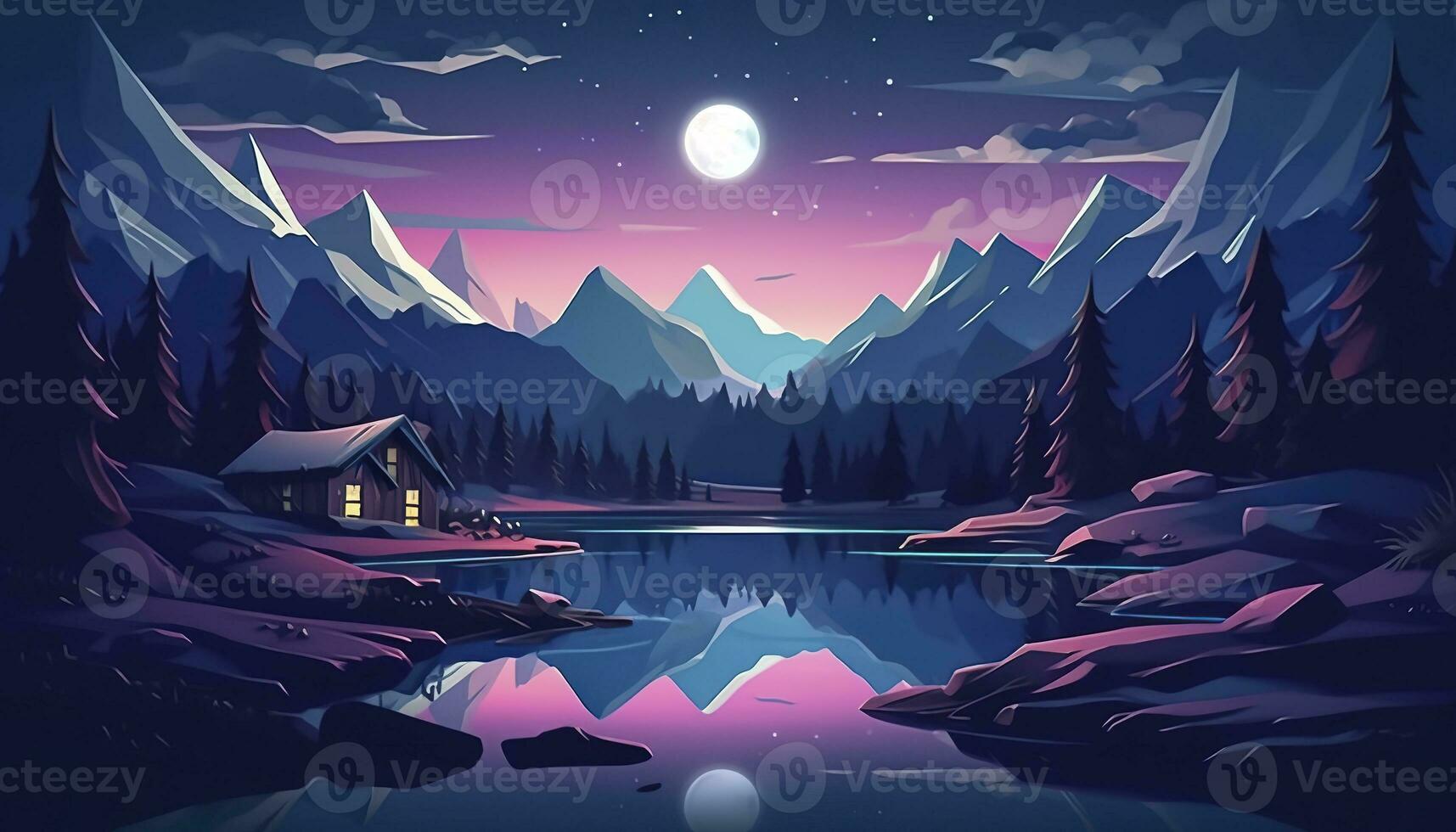 AI generated Moonlight mountain scene, house beside a lake. AI Generative photo