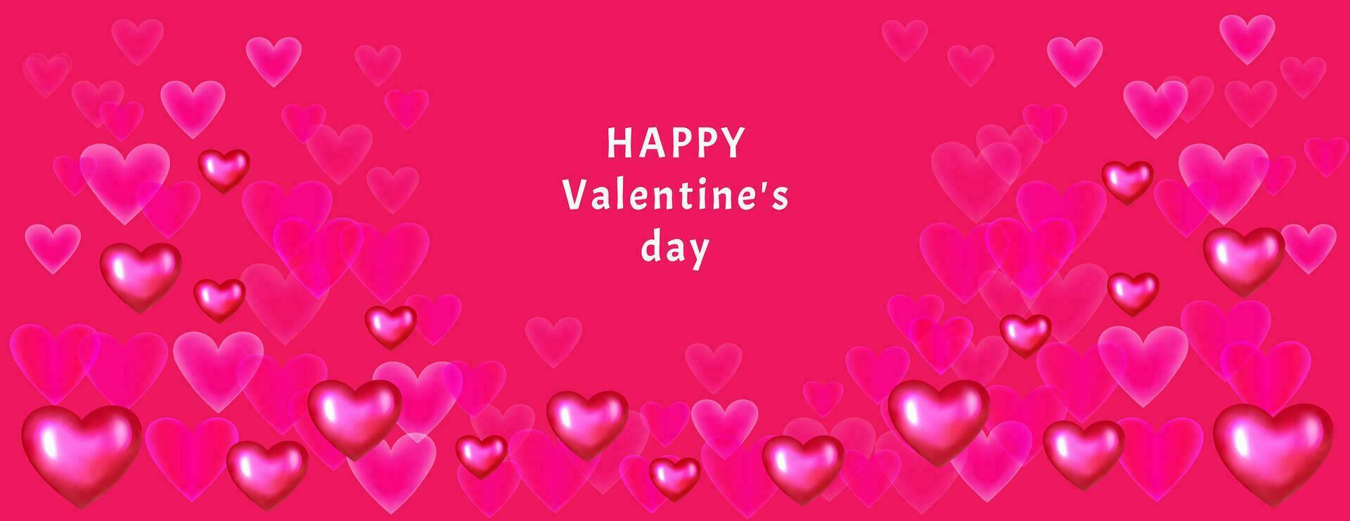 Bright red banner happy Valentines day. Vector illustration glowing, smoke, shine, smooth heart fon background. Horizontal border with copy space back.