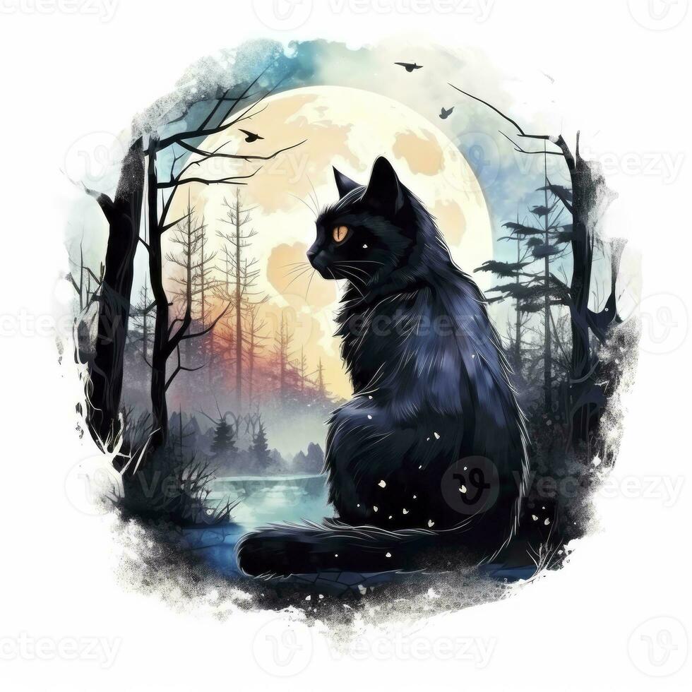 AI generated Black Cat in Moonlit Forest. Watercolor for T-shirt design. AI Generated photo