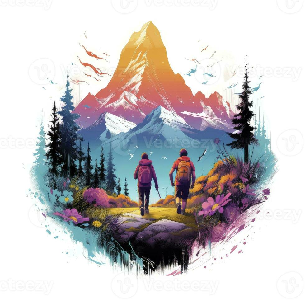 AI generated Vibrant colors wilderness hiking scene for t-shirt. AI Generated photo