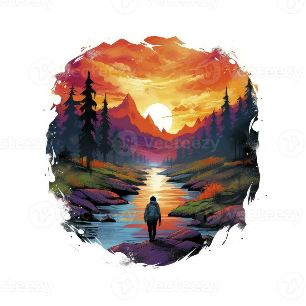 AI generated Vibrant colors wilderness hiking scene for t-shirt. AI Generated photo