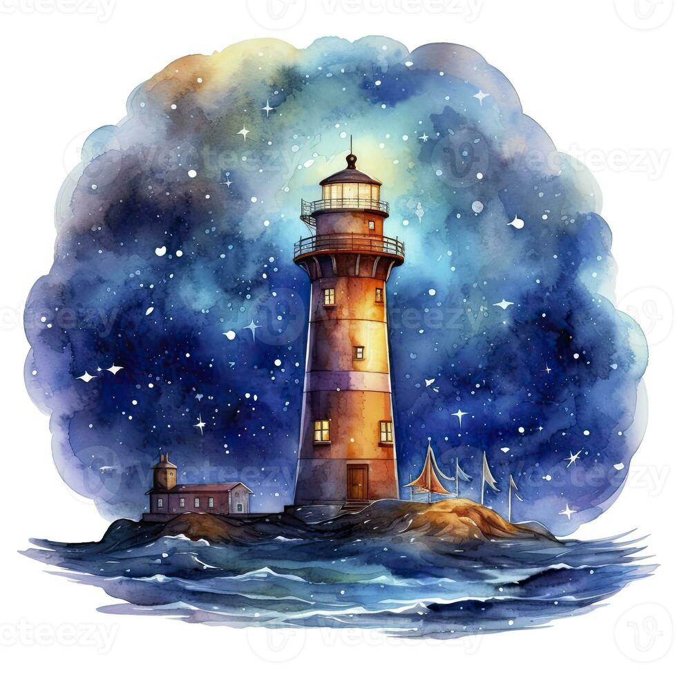 AI generated Lighthouse beside the sea at Night. watercolor for T-shirt design. AI Generated photo