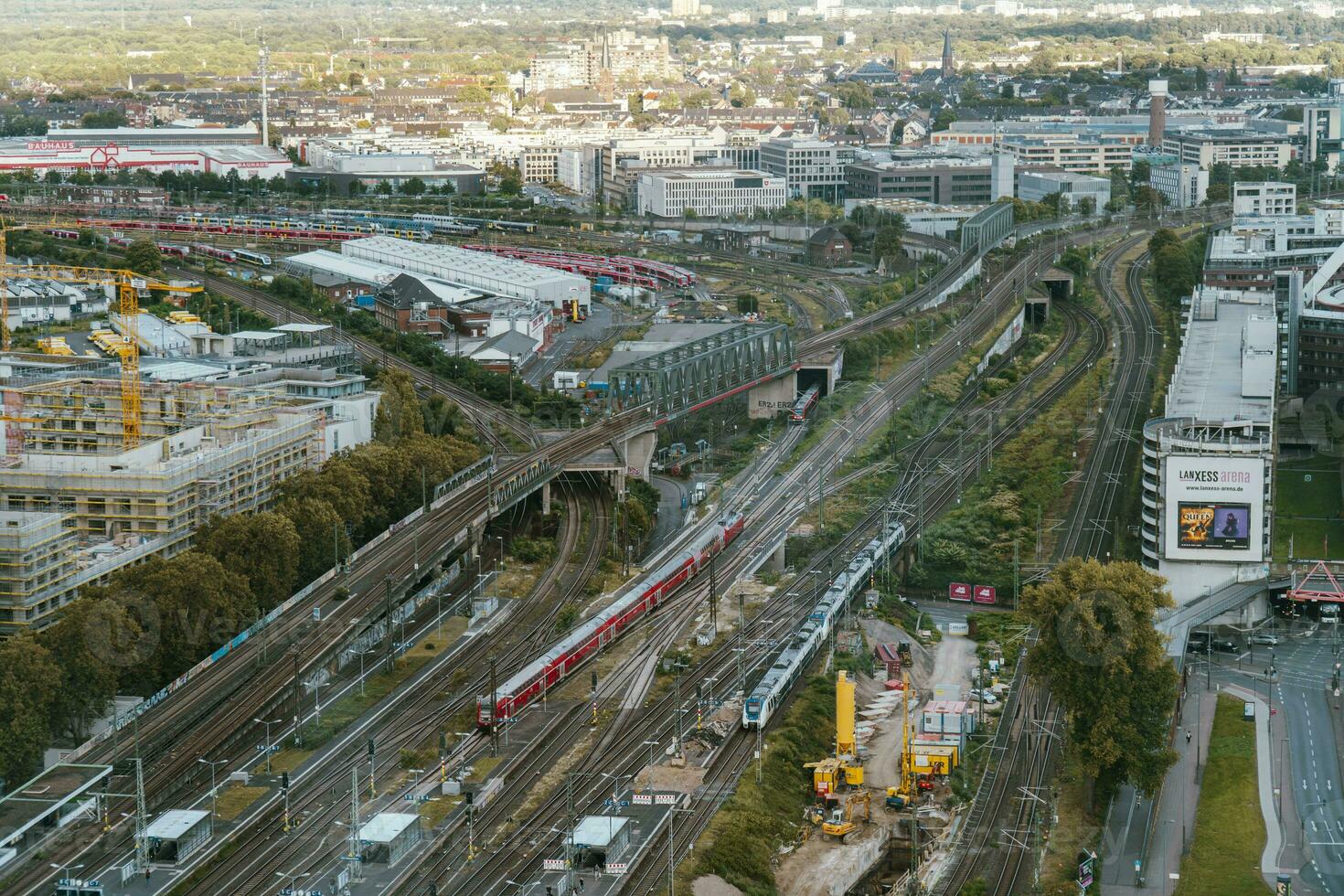 aerial view of Cologne Koln Messe Deutz station and railway tracks photo