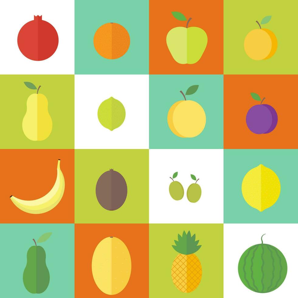 frutas plano cuadrado íconos aislado conjunto vector