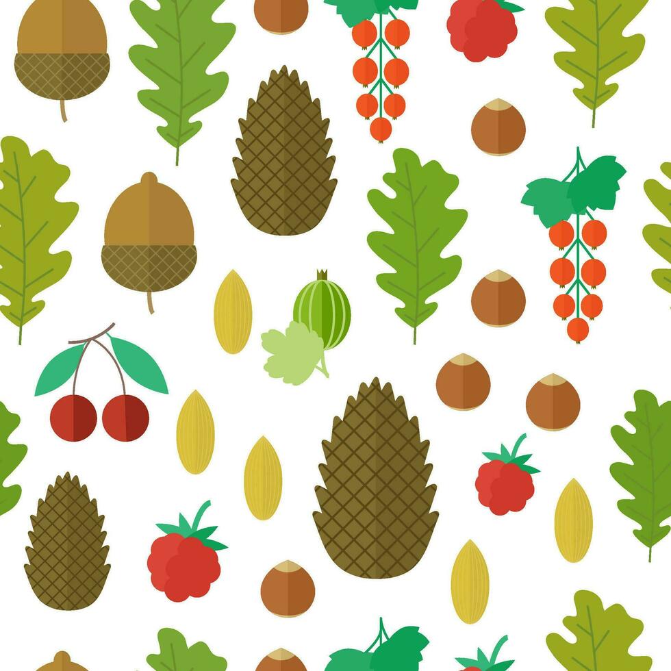 Seamless pattern with nuts, leaves and berries in flat vector