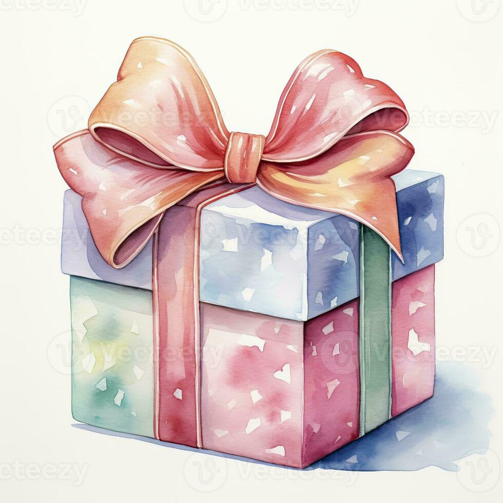 AI generated Watercolor birthday present with bow isolated on white background.  AI Generated photo