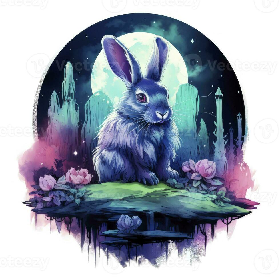 AI generated Watercolor Rabbit and Glowing Moon for T-shirt Design. AI Generated photo