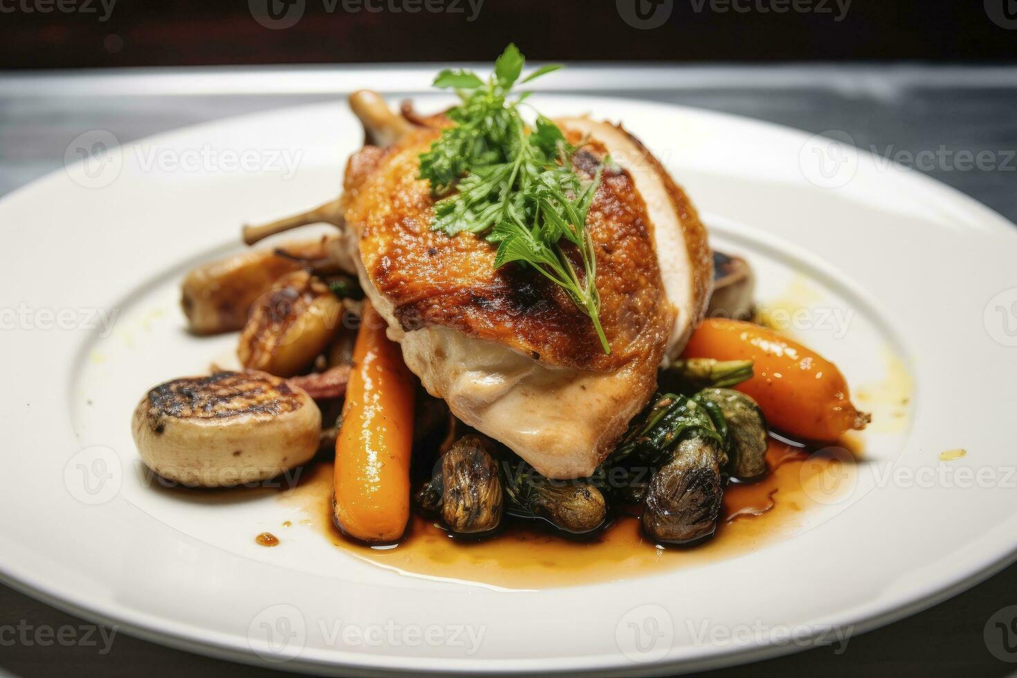 AI generated Plated chicken roast dinner on a white plate with carrot and morel mushroom. AI Generated. photo