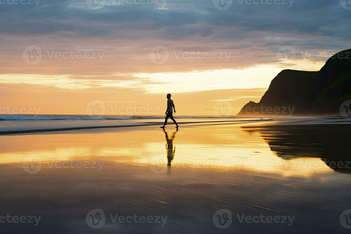 AI generated A person walking on the beach at sunset. AI Generated. photo
