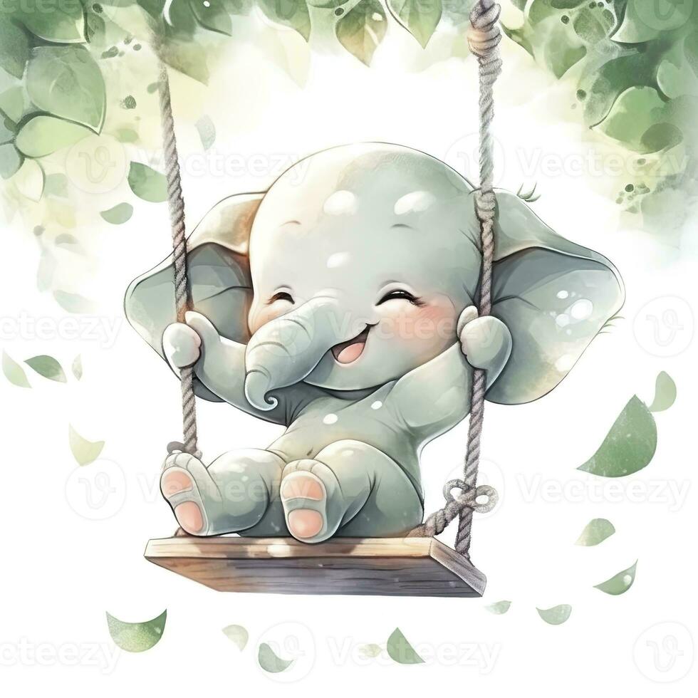 AI generated Cute happy baby elephant on swings in the tree in watercolor. AI Generated photo