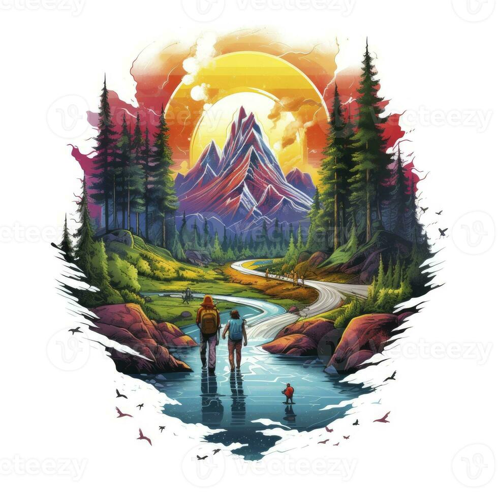 AI generated Vibrant colors wilderness hiking scene for t-shirt. AI Generated photo