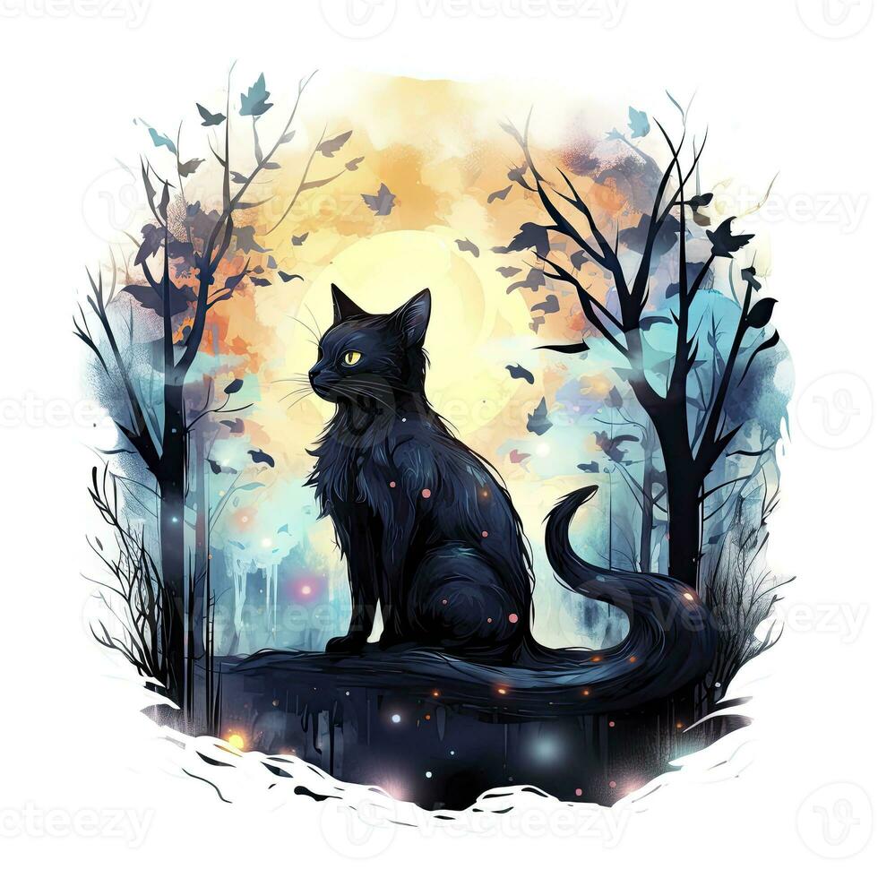 AI generated Black Cat in Moonlit Forest. Watercolor for T-shirt design. AI Generated photo