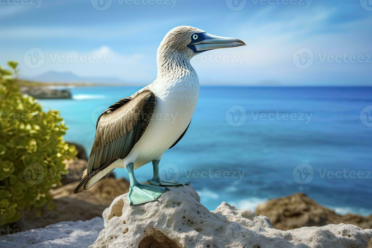 AI generated The rare blue-footed booby rests on the beach. AI Generated photo