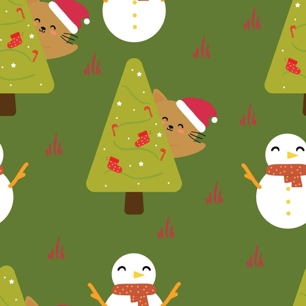 linda dibujos animados gatos, monigote de nieve y Navidad árbol sin costura modelo con Navidad elementos. linda Navidad fondo de pantalla para tarjetas, regalo envase papel vector