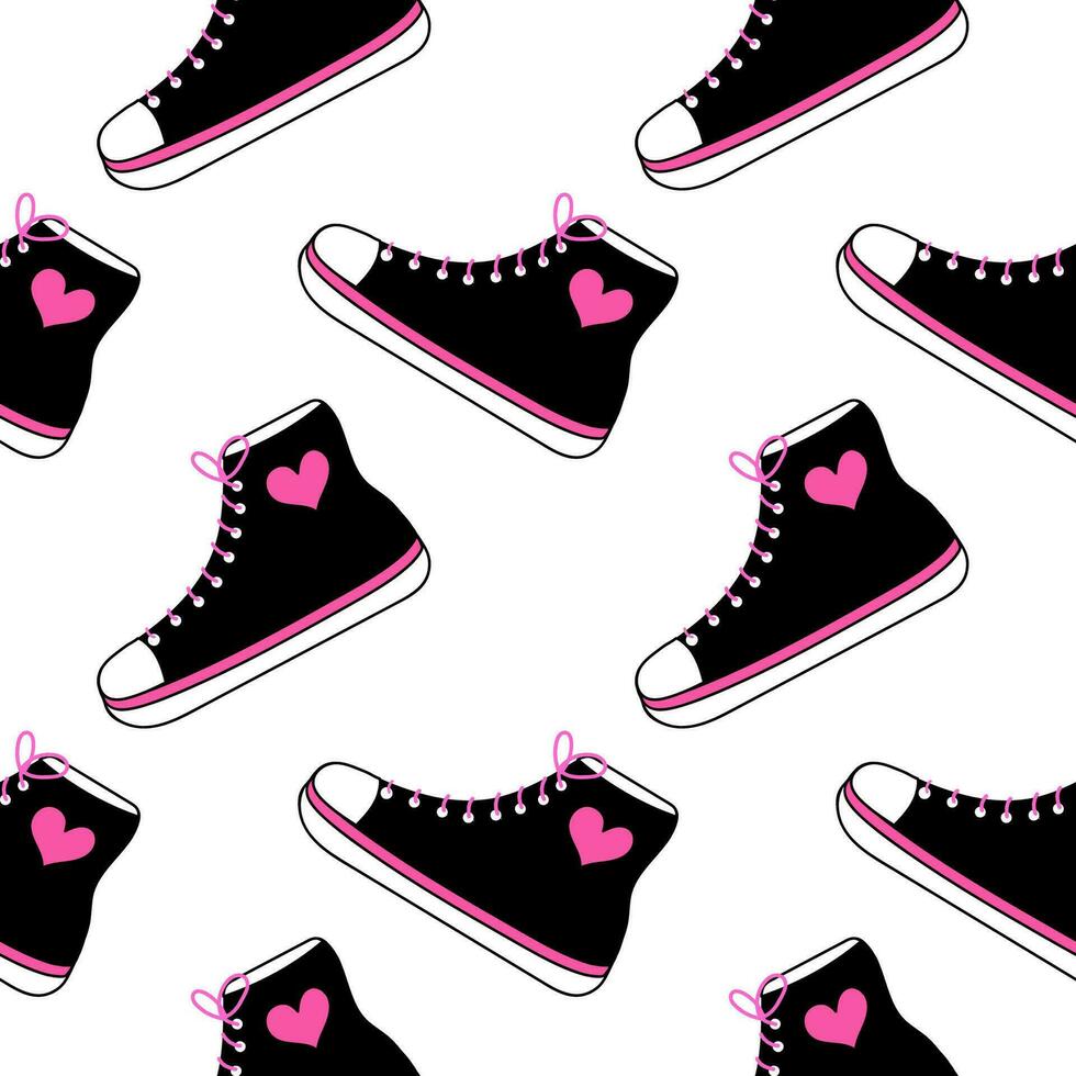 Seamless pattern with emo element. Y2k style. Sneakers boot with hearts. Black and pink. Vector flat illustration.