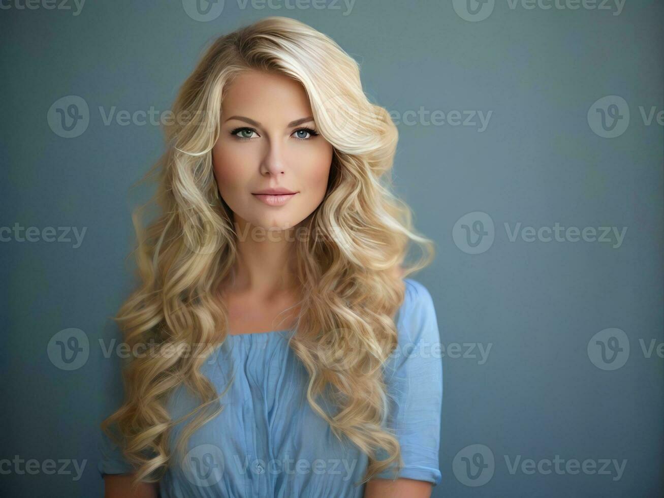 AI generated portrait of a beautiful blonde woman on a blue background photo