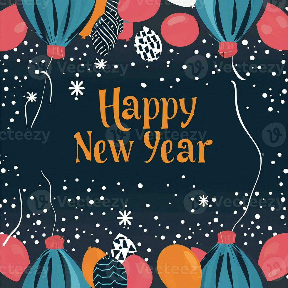 Happy New Year Greeting Card with Balloons. Hand drawn illustration. photo