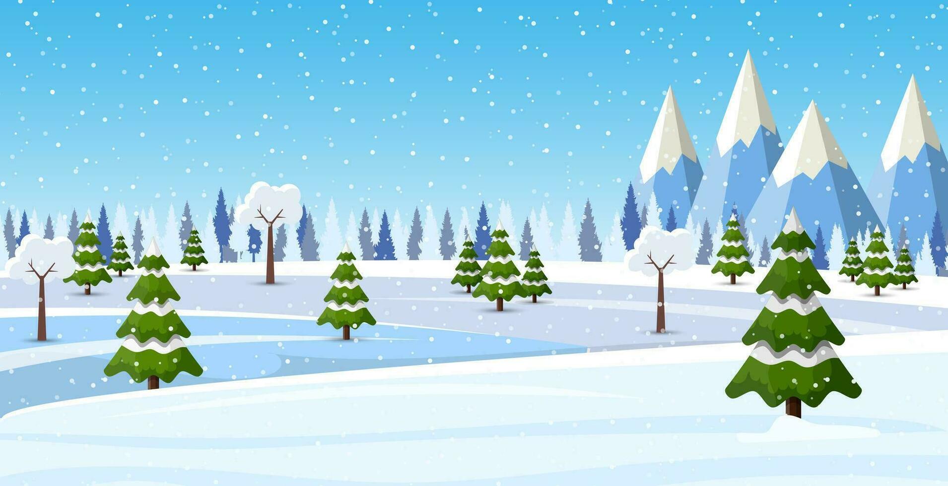 Navidad paisaje antecedentes con nieve y árbol. alegre Navidad día festivo. nuevo año y Navidad celebracion. vector ilustración en plano estilo