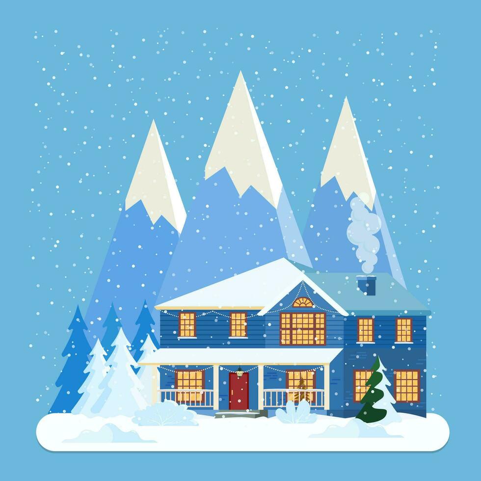 Decorated building for new year eve, home with lights and with fir tree prepared for christmas celebration. New year and xmas celebration. Vector illustration flat style