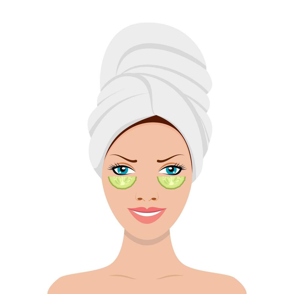 Beautiful young appearance woman in towel on head and slices cucumber on her face. Health and beauty spa treatment. Vector illustration in flat style