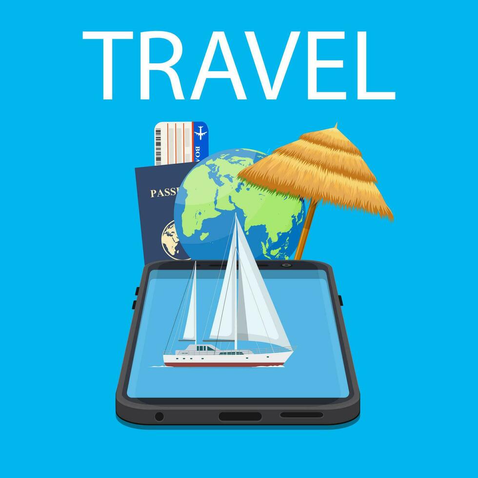 Booking travel through your mobile device. The boat drifting on the phone screen. Suitable For Wallpaper, Banner, Background. Vector illustration in flat style