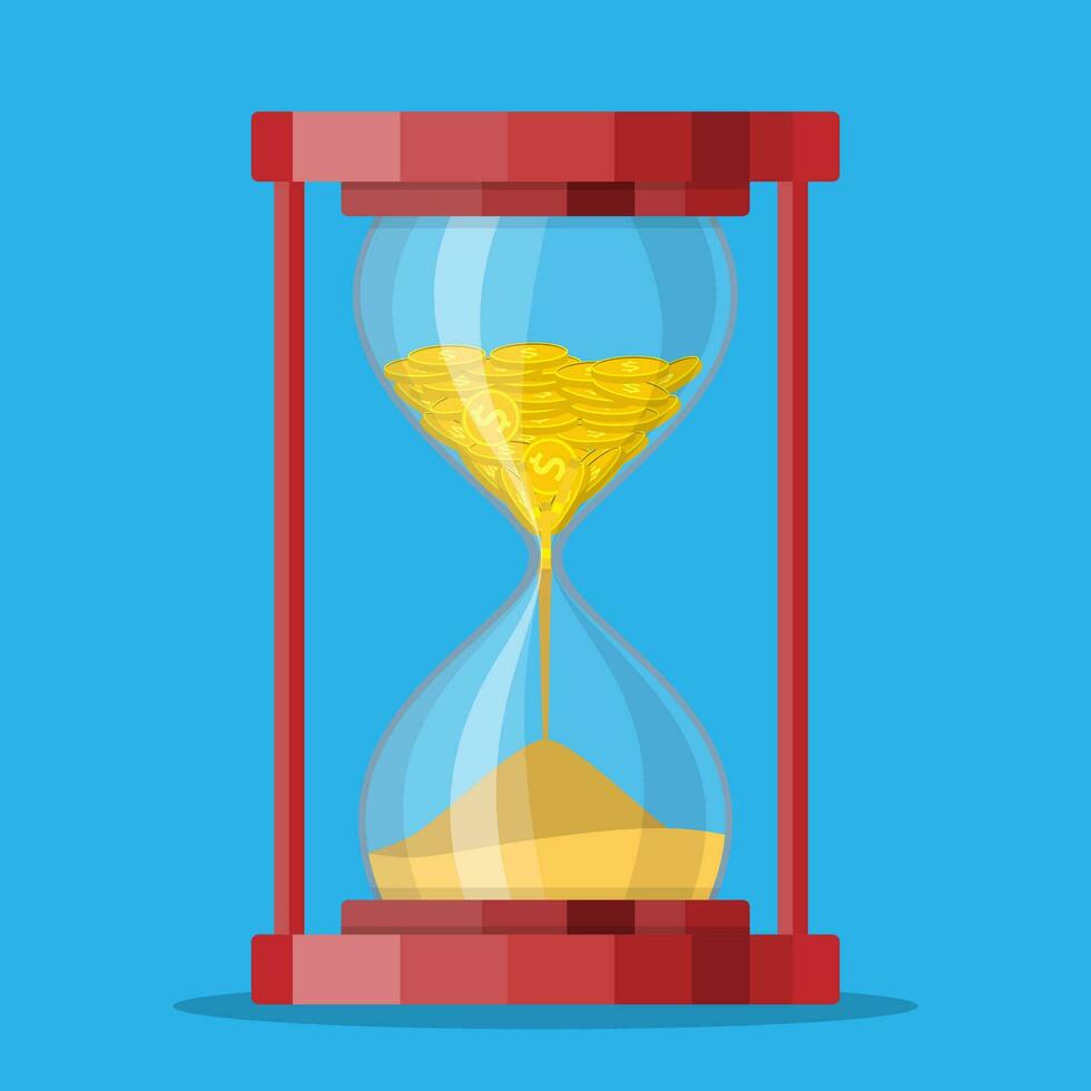 Old style hourglass clocks with dollar coins inside. Time is money concept. Vector illustration in flat style