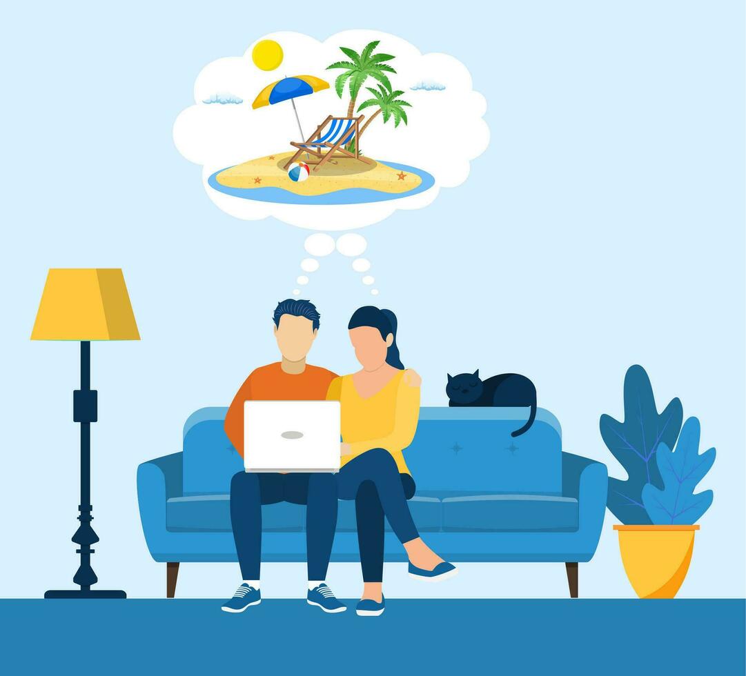 young man and woman using a laptop while sitting on a sofa. cartoon couple dream of traveling, planning a sea vacation, choosing a resort on the Internet. Vector illustration in flat style