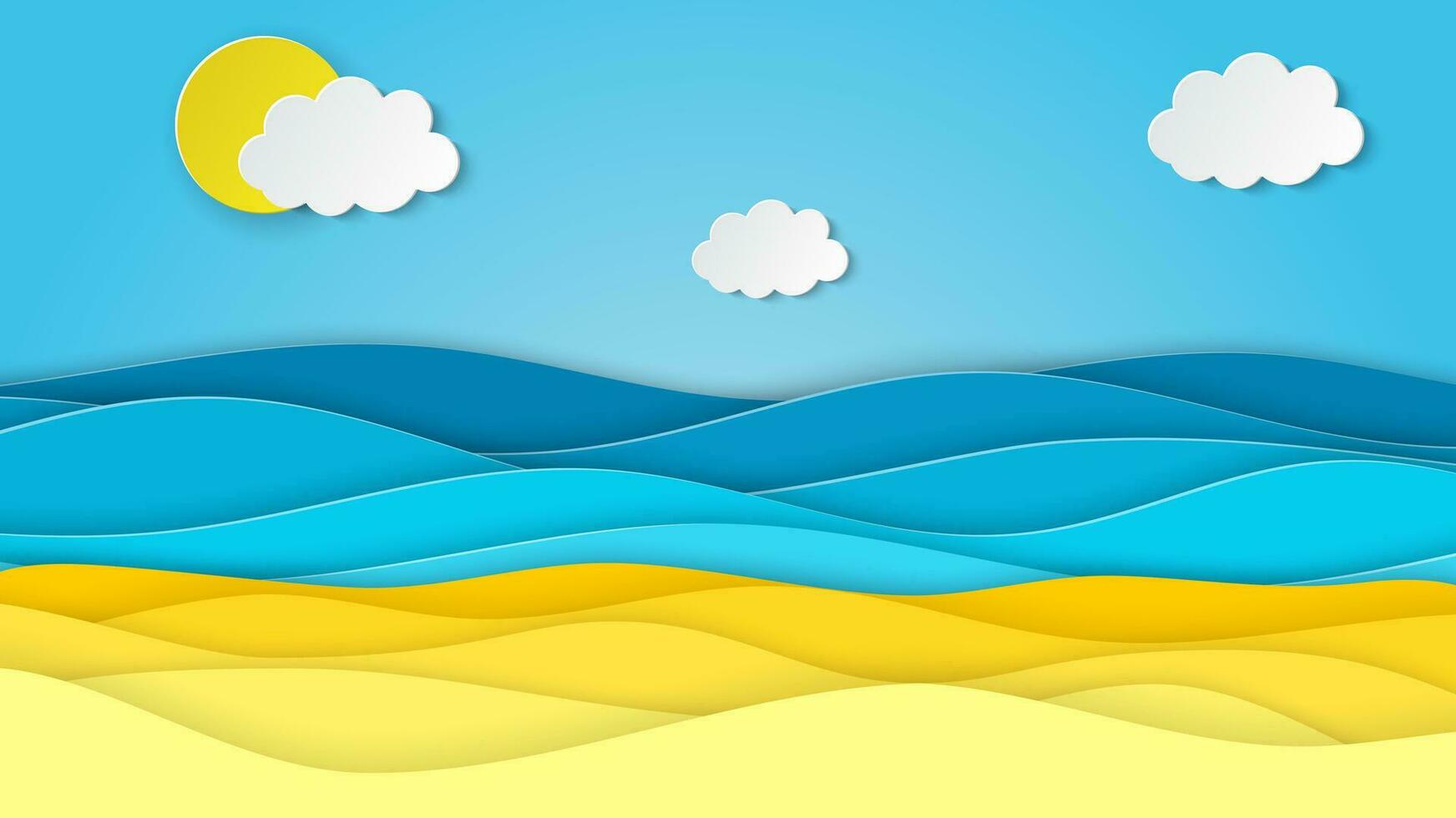 Sea landscape with beach, waves, clouds. Paper cut out digital craft style. abstract blue sea and beach summer background with paper waves and seacoast. Vector illustration