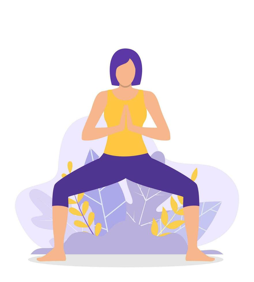 joven mujer mujer haciendo yoga ejercicio. concepto de meditación, el salud beneficios para el cuerpo, mente y emociones comienzo y el buscar para ideas vector ilustración en plano estilo