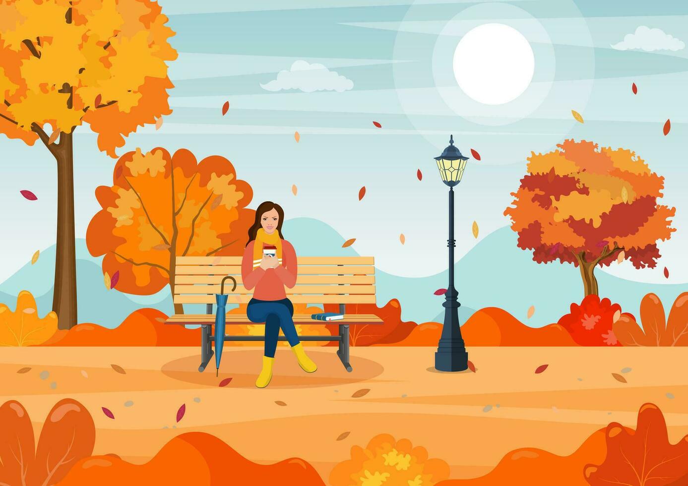 contento niña sentado en un banco con un taza de café, debajo un árbol con que cae hojas en un parque. hermosa otoño ciudad parque con banco. vector ilustración en plano estilo