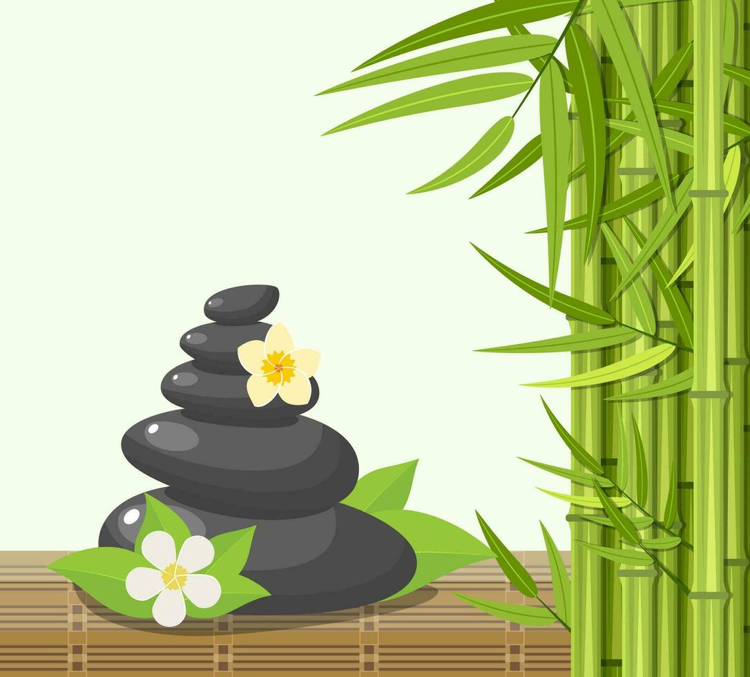 Bamboo and stones - spa background with place for your text. Vector illustration in flat style