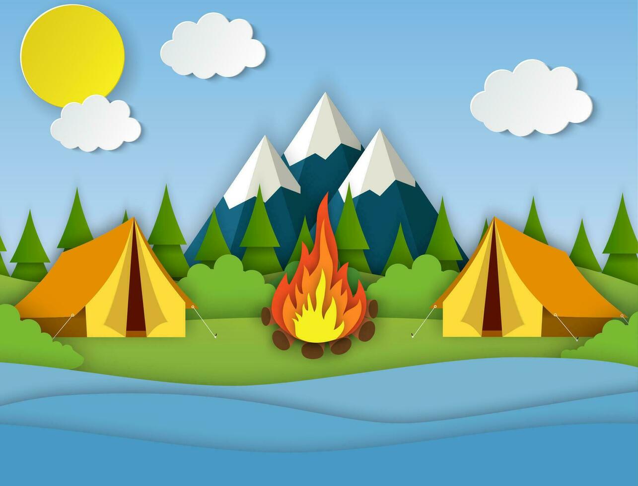 Paper cut summer landsape. Landscape with yellow tent, forest and mountains on the background. Adventures in nature, vacation, and tourism vector illustration.