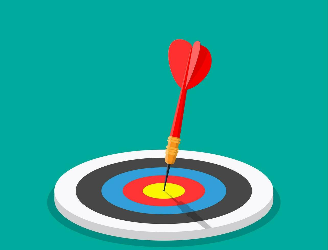 Darts target. Success Business Concept. Creative idea 3d illustration isolated. Red bullseye dart arrow hitting target center of dartboard. Vector illustration in flat style