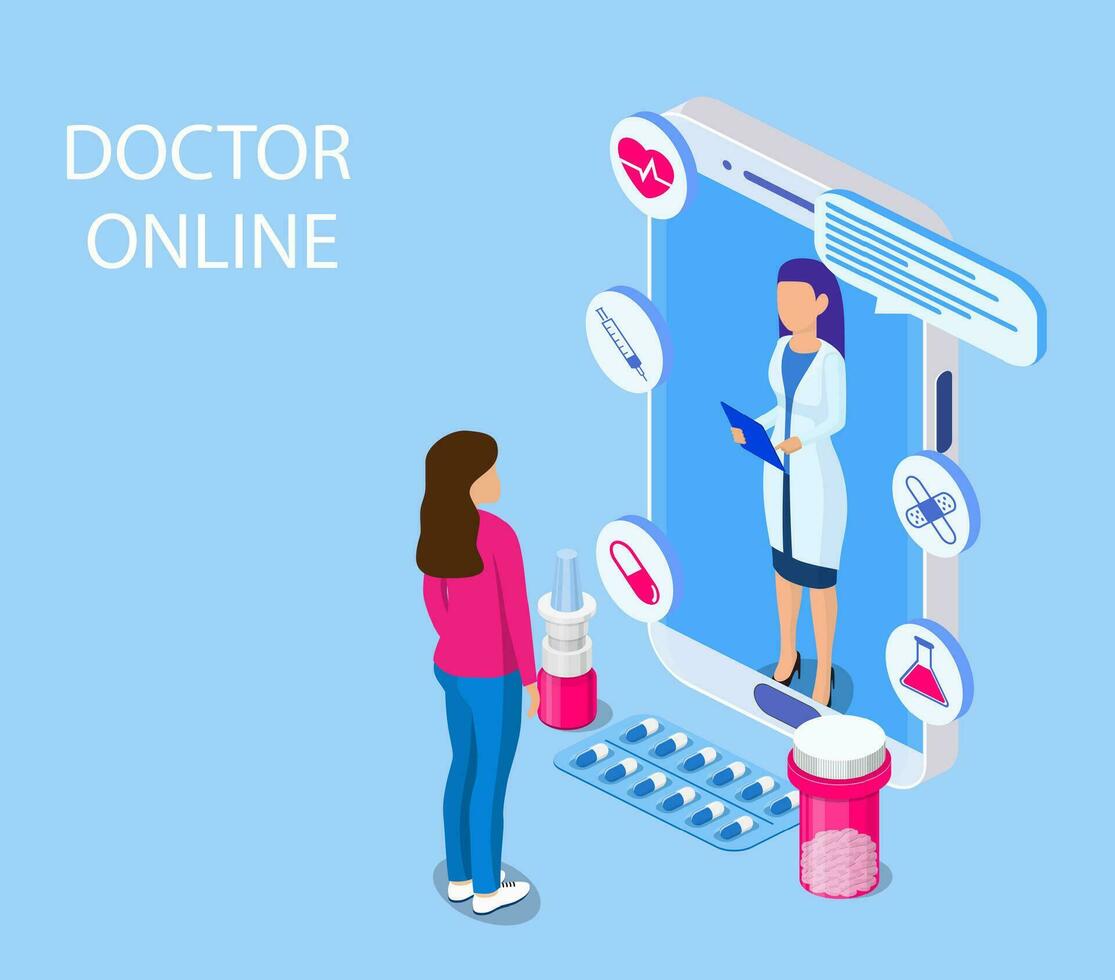 isométrica en línea médico consulta, cuidado de la salud, médico concepto. web diseño vector modelo. en línea médico apoyo. cuidado de la salud servicios, vector ilustración en plano estilo