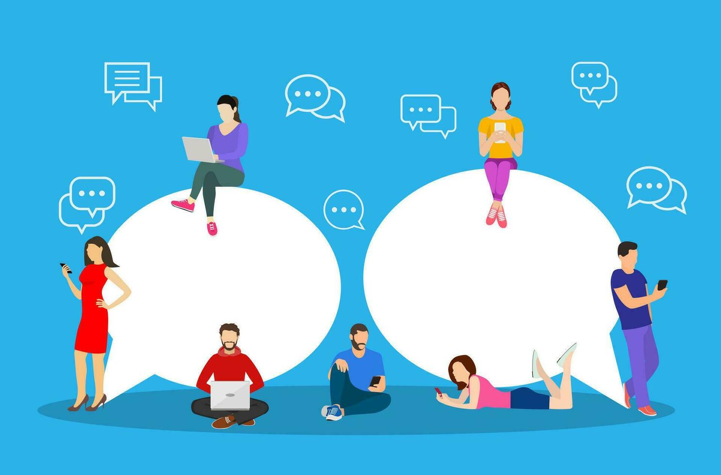 Chat talk. people for sending messages., Speech bubbles, happy people use mobile smartphonefor chatting in social media. Vector illustration in flat style
